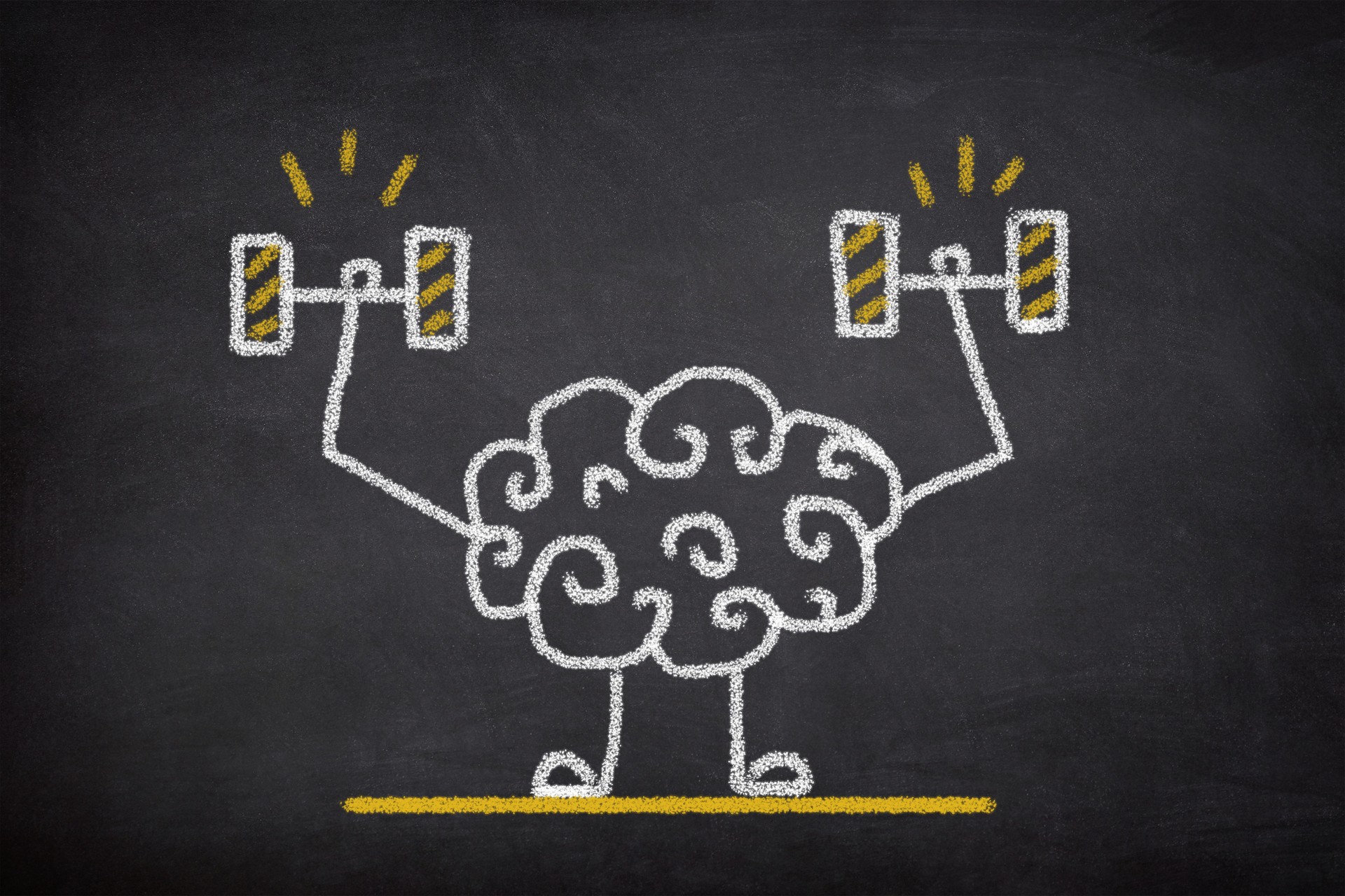 Brain exercise. Human brain lifting weights. Cognitive development concept.